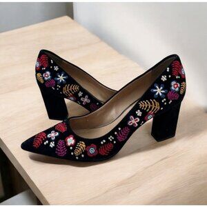 GUNMETAL Embroidered Floral Suede Heels Size 8